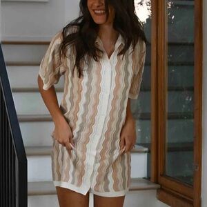 YLLW Yellow The Label Felix Scalloped Knit Shirt Dress In Neutral Size S/M